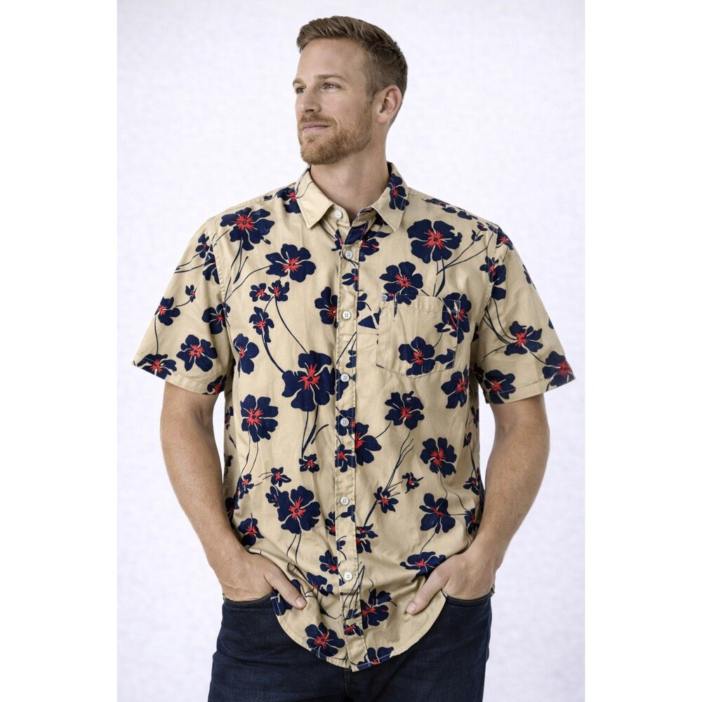 Hurley Hawaiian Cotton Floral Button Up Shirt Men XL Short Sleeve pocket Chic